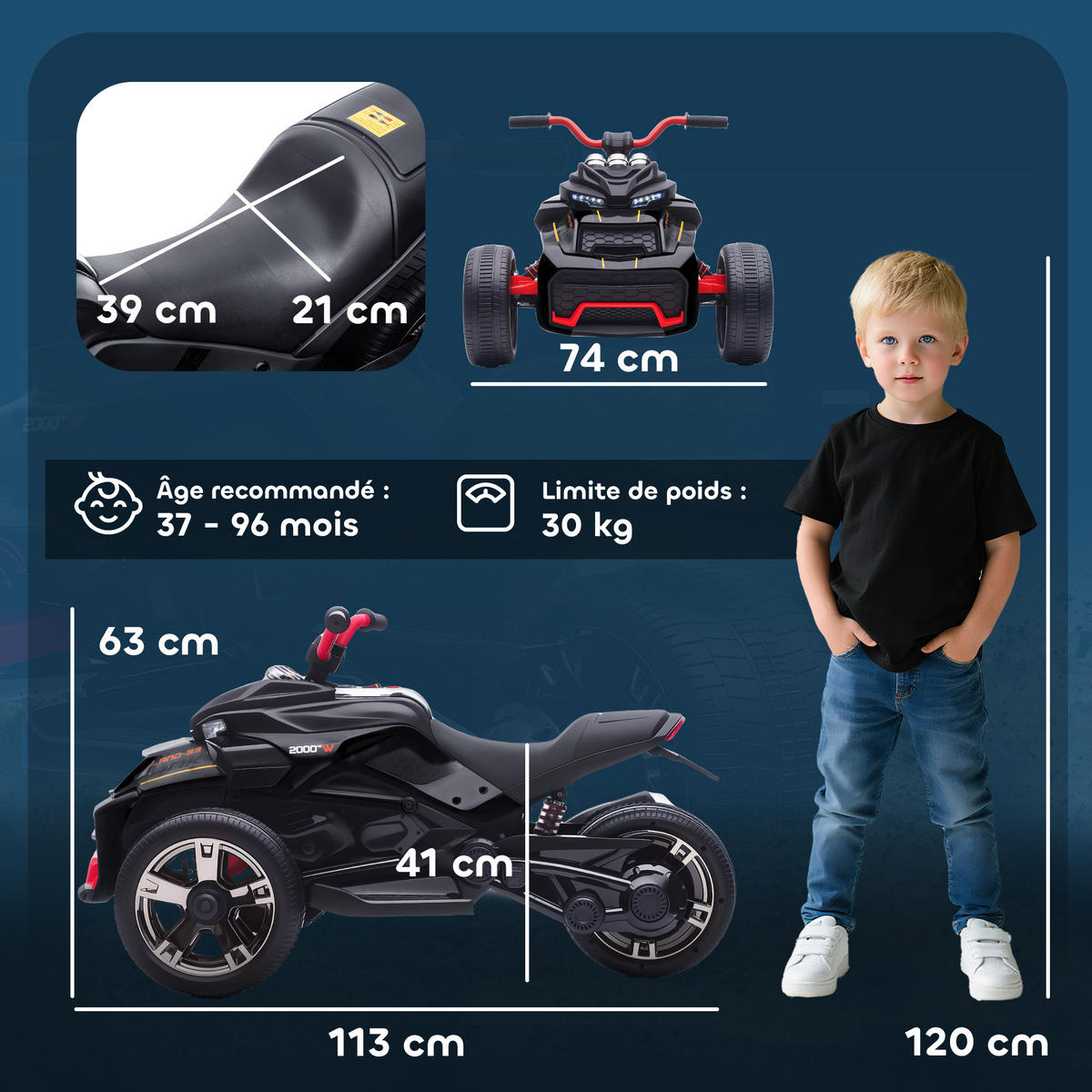 ELEKTRO-QUAD DE-13071 2 Motoren Schwarz - Schwarz, Metall (113/74/63cm) - ComfortXL