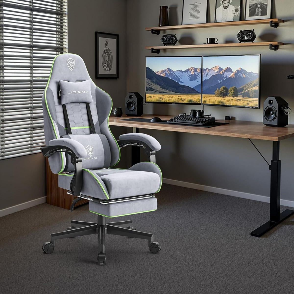 GAMING Stuhl mit Fußstütze Grau & Grün - Multicolor, Textil (63/26.5/84cm)