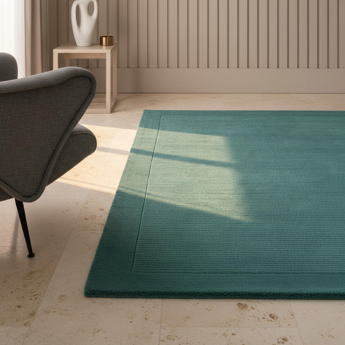 TEPPICH Schurwolle handgewebt mit Bordüre modern STOW, Türkis 200x290 cm - Grün, Textil (200/290cm) - KADIMA DESIGN