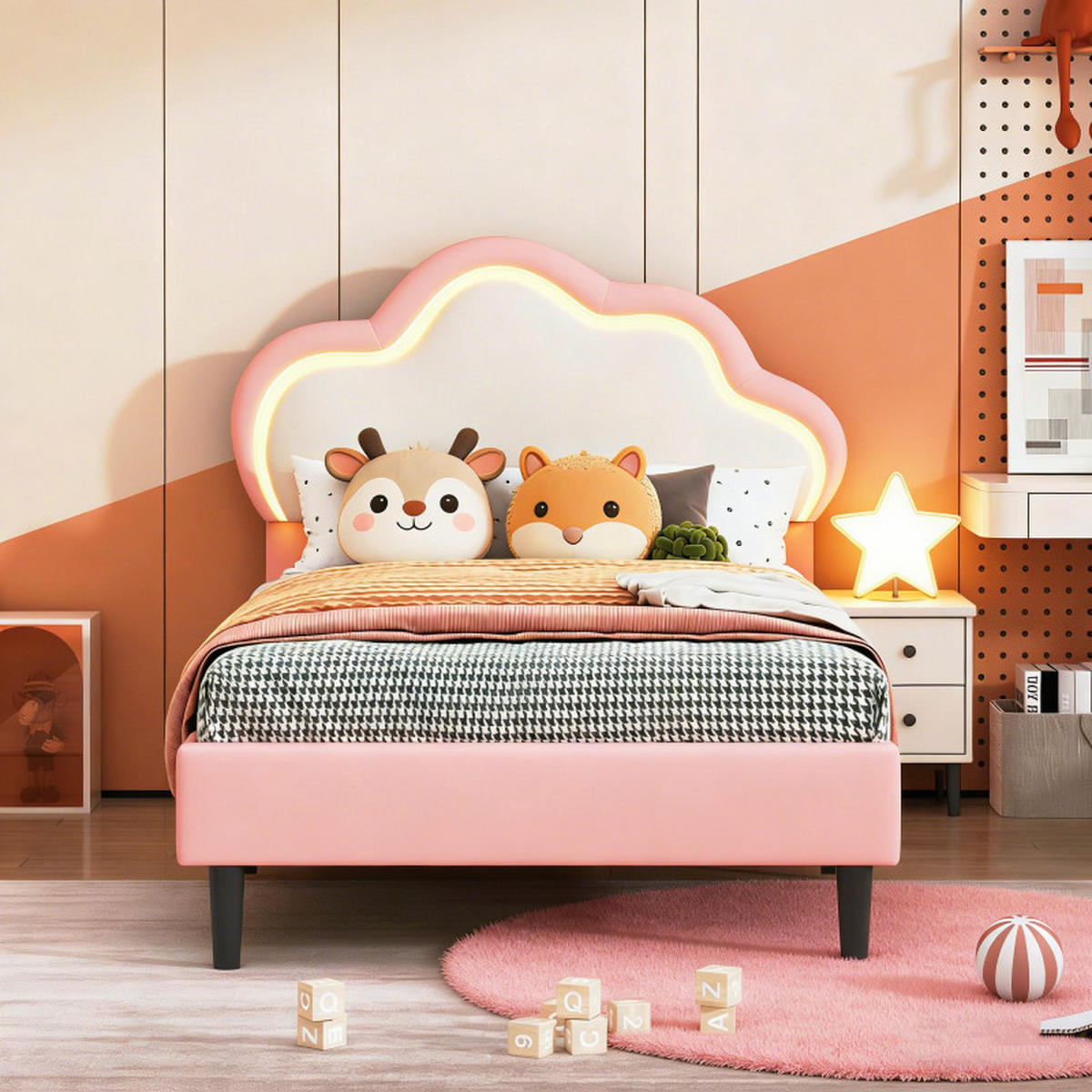 POLSTERBETT 90x200 cm mit verstellbarem Kopfteil & RGB-LED-Bettrahmen – Kinderbett / Einzelbett - Pink, Holz/Metall (90/200cm) - BursDany
