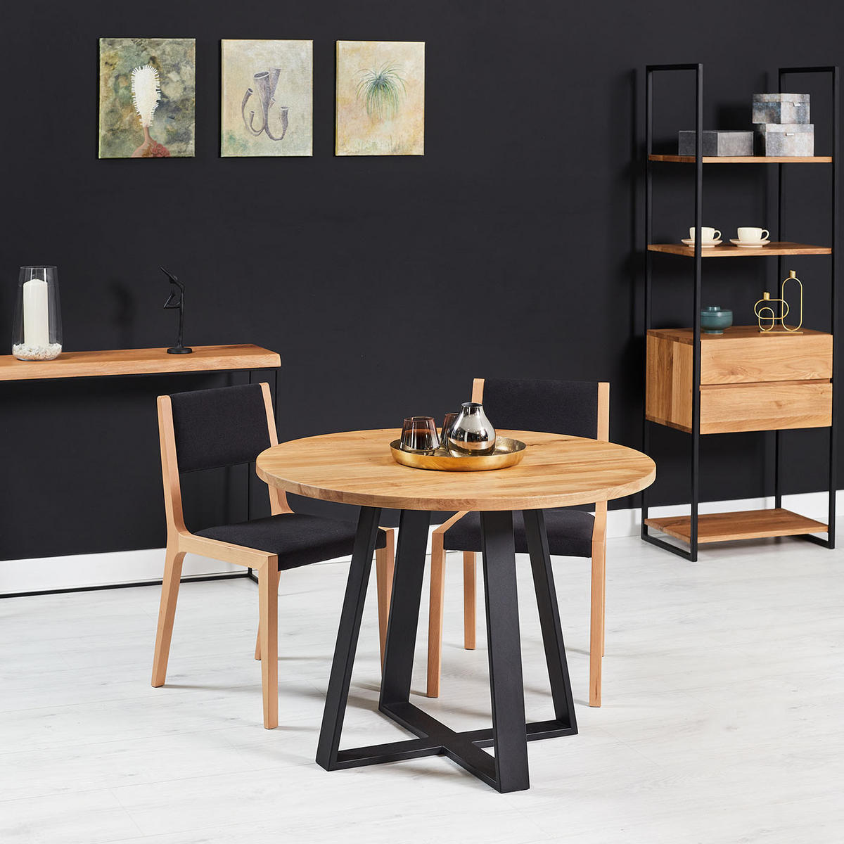 ESSTISCH Cloud Runder aus massivem Eichenholz 110 cm - Eichefarben/Schwarz, Holz/Metall (110/110/75cm) - Danzz