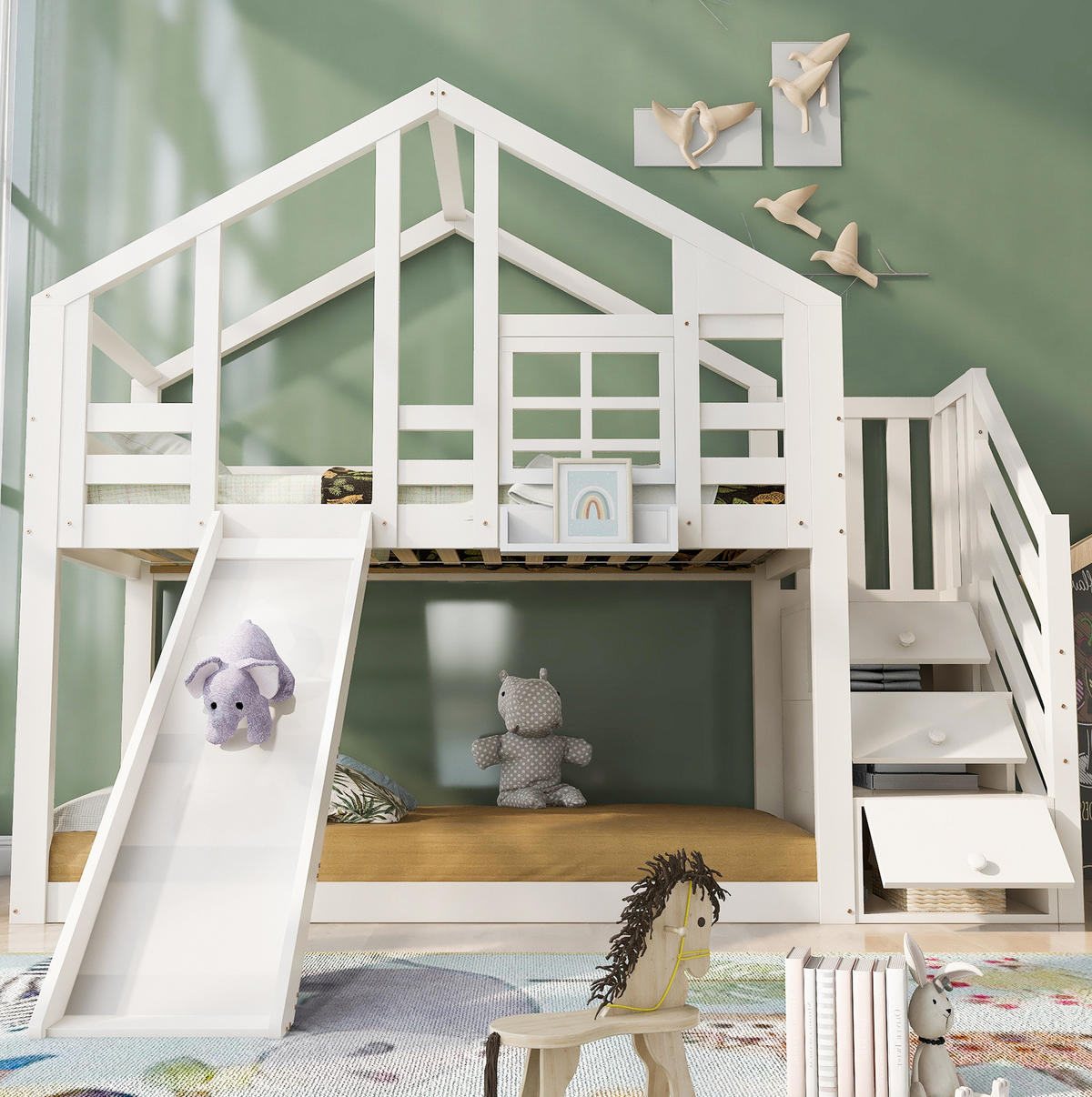 ETAGENBETT aus Kiefer-Massivholz und MDF 90x200 cm in Weiß mit Rutsche & Treppe - Weiß, Holzwerkstoff (90/200cm) - Modfu