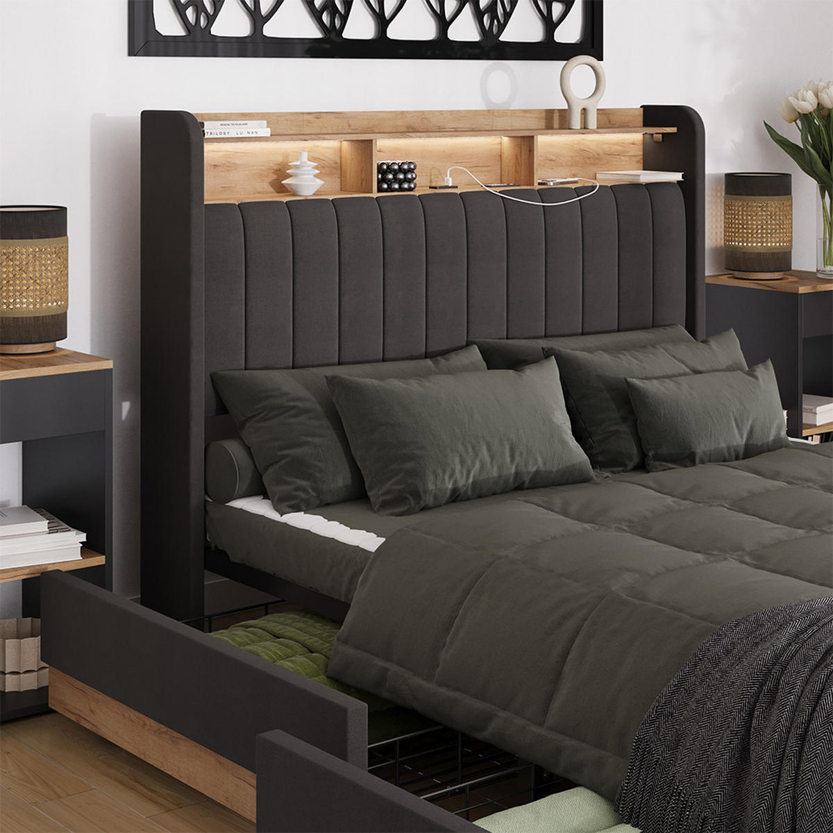 POLSTERBETT Nura Anthrazit 140x200 mit 4 Schubladen - Eichefarben/Anthrazit, Holzwerkstoff - VitaliSpa