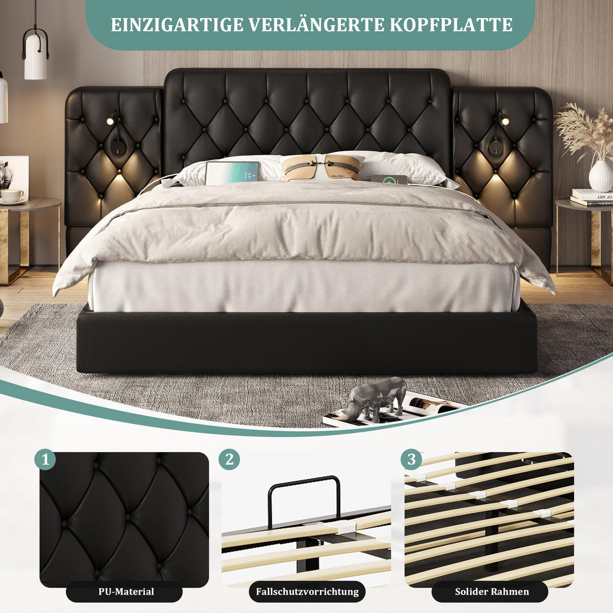 POLSTERBETT 180x200 cm USB Stauraum schwarz - Schwarz, Kunststoff (180/200cm) - LEBENLANG