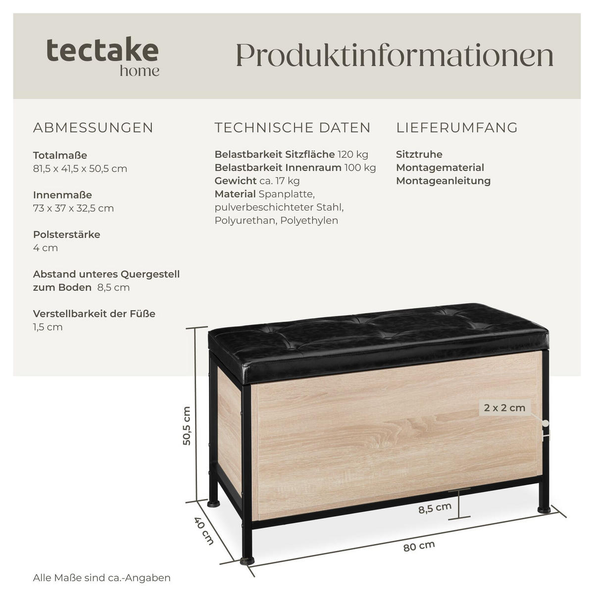 SITZTRUHE Calico, Kunstlederbezug, Industrial Holz hell, Eiche Sonoma - Naturfarben, Holzwerkstoff (41.5/50.5/81.5cm) - tectake