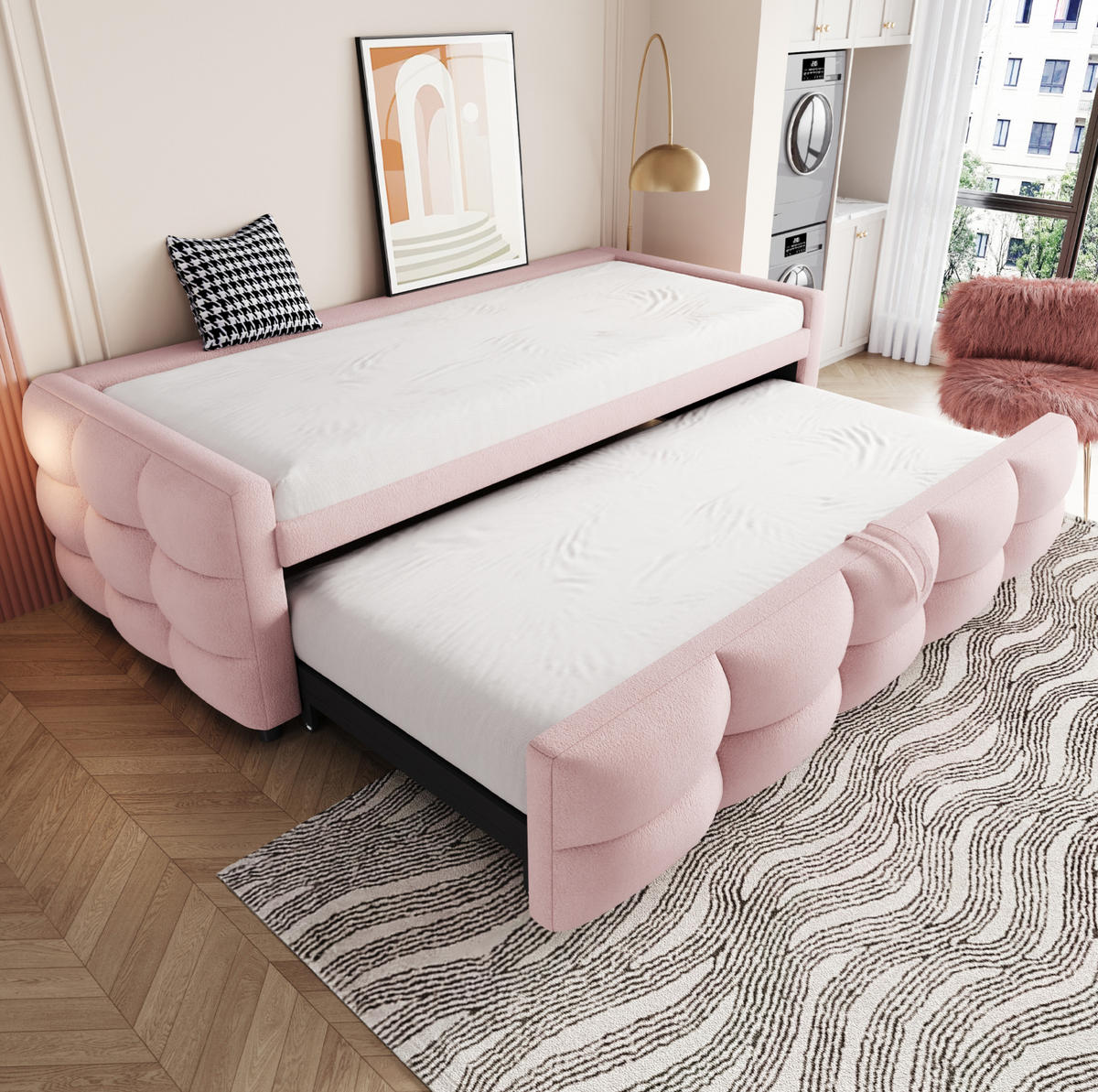 ČALÚNENÁ rozkladacia posteľ z teddy zamatu 90/180x190 cm ružová s lamelovým roštom a multifunkčným využitím - ružová, textil (90/190cm) - Modfu