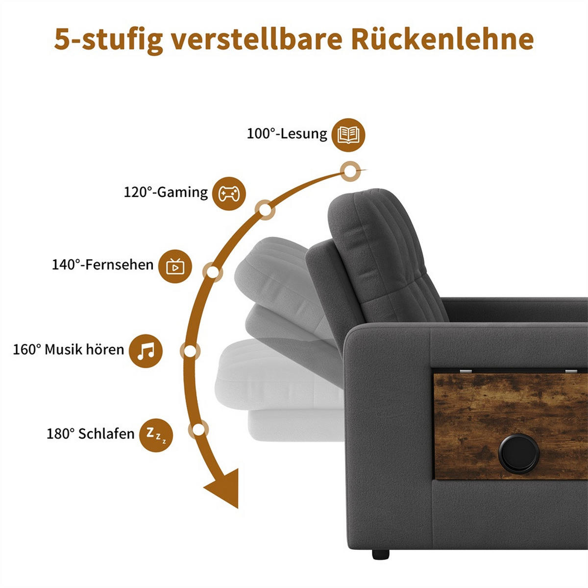 SCHLAFSESSEL mit klappbarem Ablagetisch und Seitentasche - Grau - Grau, Textil (85/86/108cm) - DELFA