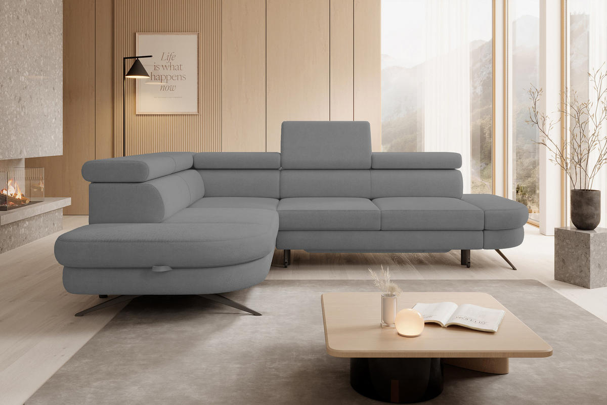 ECKSOFA OTIS L-förm, Schlaffunktion, verstellbare Kopfstützen, in AURORA-Stoff, lose Rückenkissen, freistehend, LINKS 218x276x97 cm Grey - Grau, Holz/Textil (218/276cm) - DomoHome