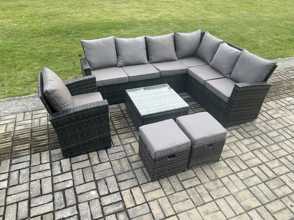 LOUNGEGARNITUR mit Couchtisch Sofa Polyrattan Dunkelgrau 9-Sitzer - Dunkelgrau/Grau, Glas/Kunststoff - Fimous