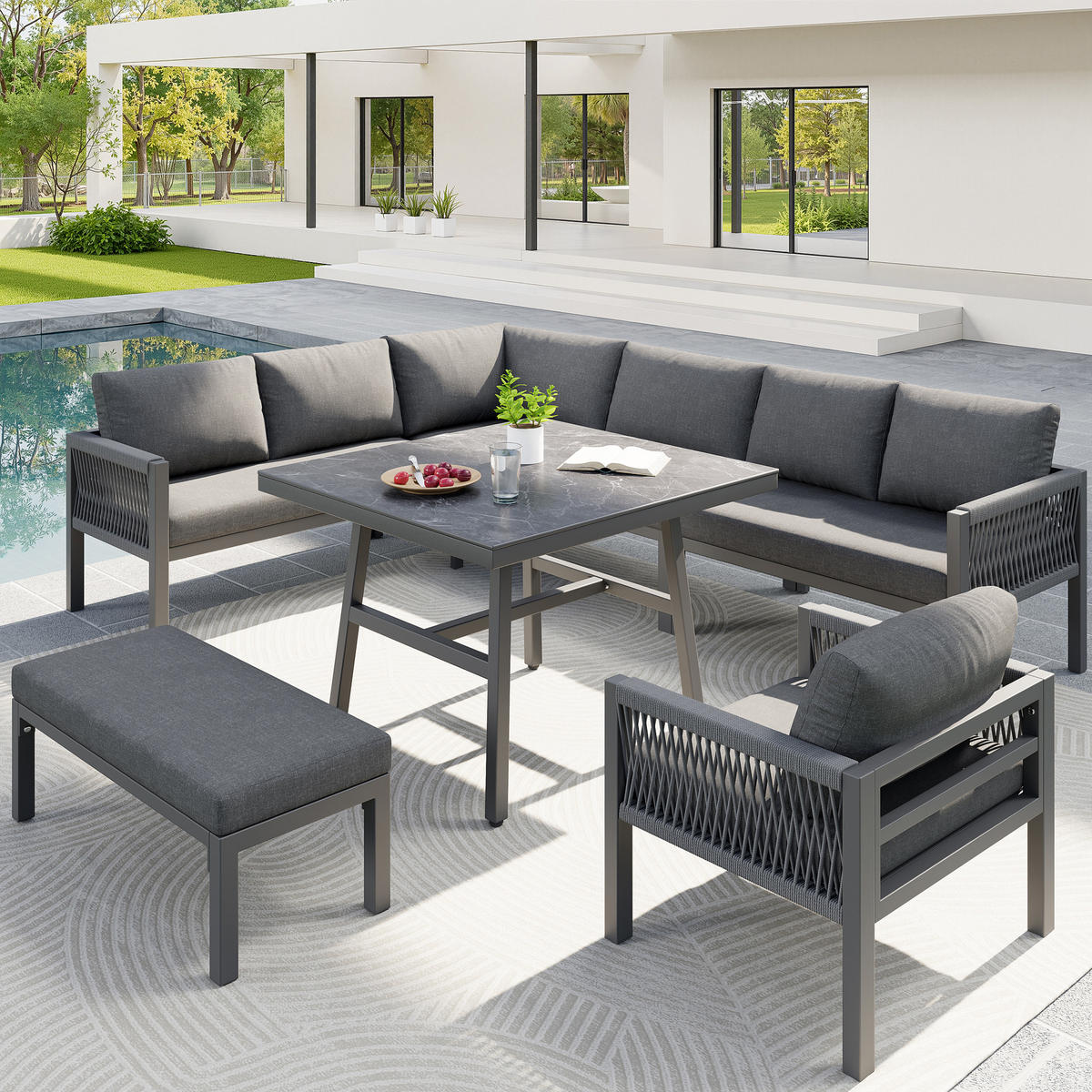 GARTENSET L-Form 8 Personen Grau Inkl. Marmortisch & 2 Sesseln - Grau, Metall - FLIEKS