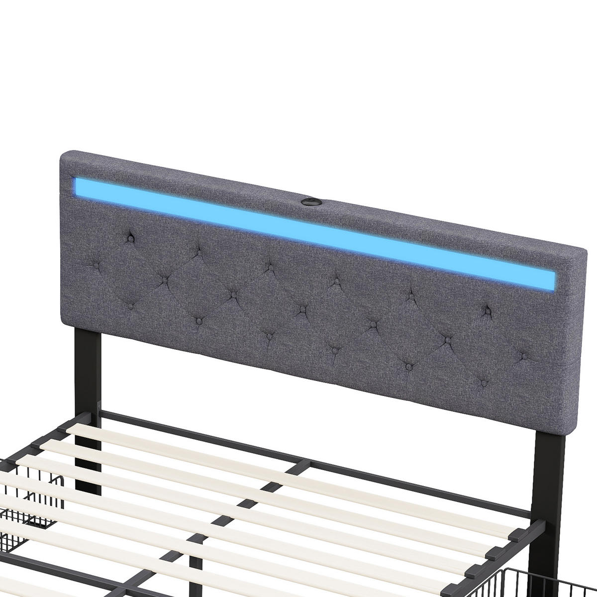 POLSTERBETT 140x200 cm mit LED und USB, Doppelbett mit Lattenrost und Kopfteil, 4 Schubladen, Leinenstoff, Grau - Grau, Textil/Metall (140/200cm) - GENKI LIVING