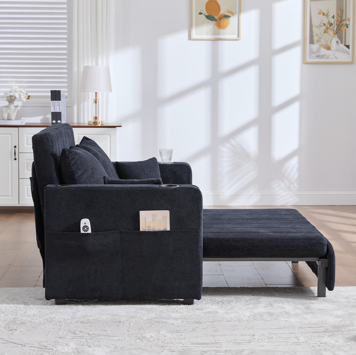SOFA ausziehbar 139 x 83 x 58 cm Chenille Schwarz - Schwarz, Holzwerkstoff (139/83/73cm) - Meubliv