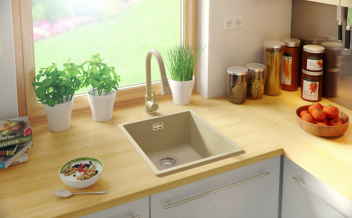 GRANITSPÜLE London Slim, 2-er set Beige 41/47 cm 1 Becken + Küchenarmatur 32/20 cm + Ablauf-Set ab 45er Unterschrank - Chromfarben/Beige, Kunststoff (41/20/47cm) - Primagran