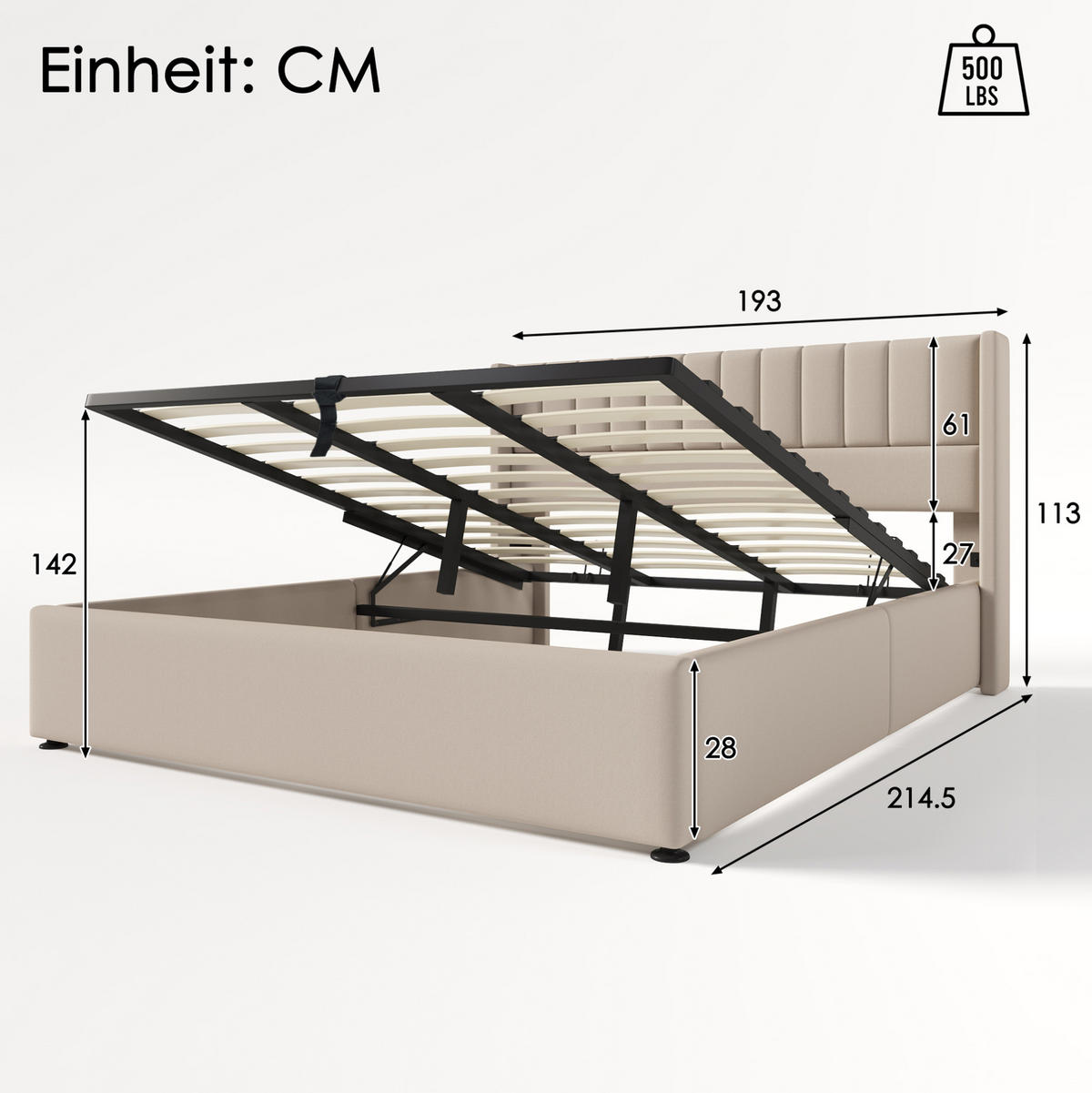 TAPECIRANI krevet 180/200 cm s hidrauličnim spremištem i mekanim uzglavljem, Bež - bež, tekstil (180/200cm) - Redom
