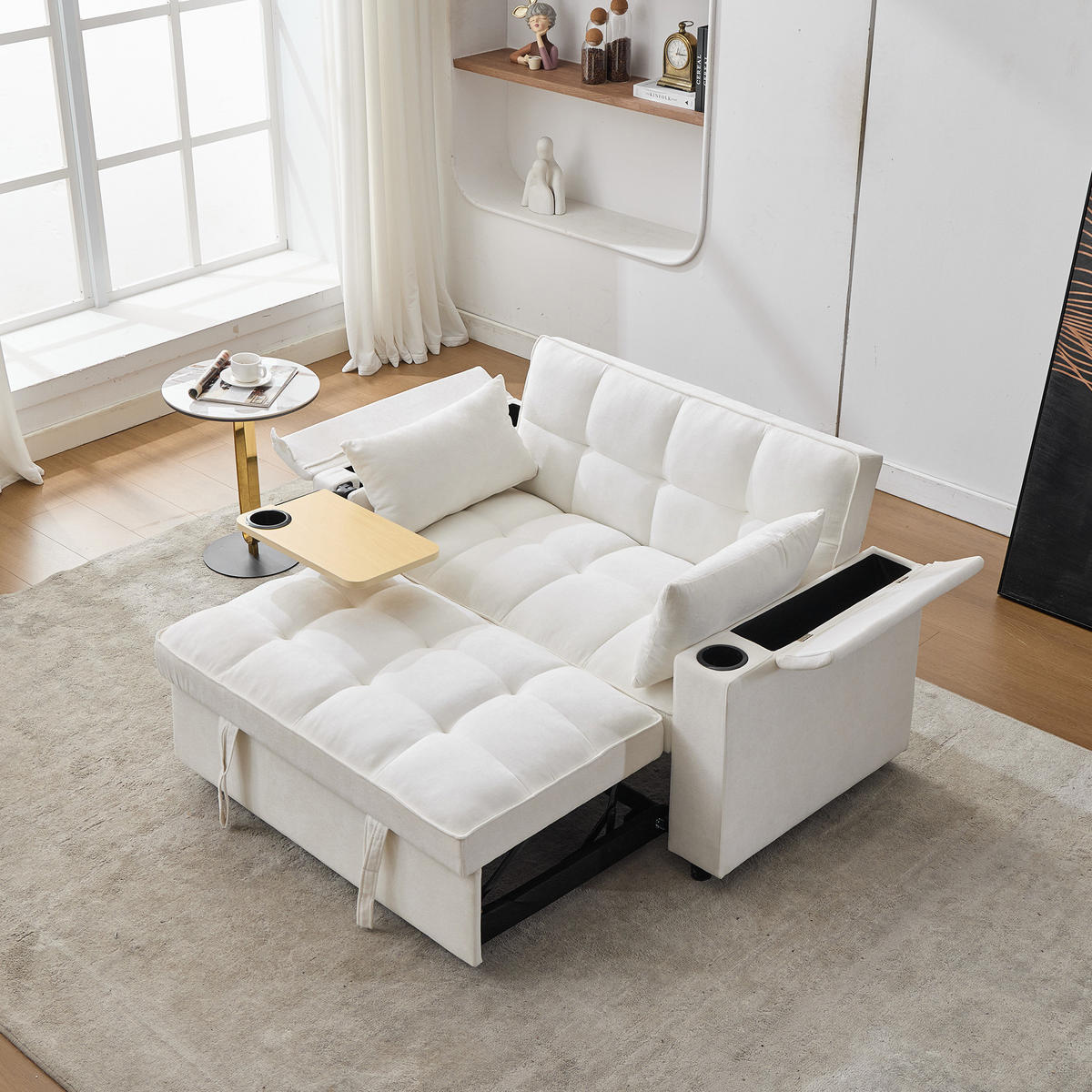 SCHLAFSOFA aus Stoff 140,5x74x82 cm Beige mit USB-, Typ-C-Anschluss, verstellbarer Rückenlehne und verstecktem Tisch - Beige, Textil (140.5/82/74cm) - Modfu