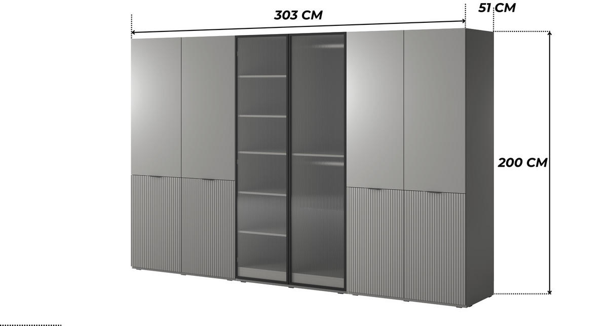 KLEIDERSCHRANK ZEN (Modular, Grau Matt, Grau & Geriffeltes Glas Flutes, 6-türig) - Schwarz/Grau, Holz/Holzwerkstoff (303/200/51cm) - Ravio