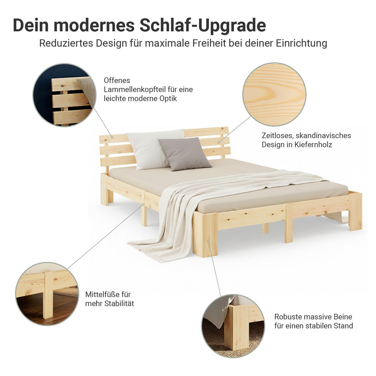 HOLZBETT Natur 180/200 cm Doppelbett mit Lattenrost - Naturfarben, Holz (180/200cm) - Homestyle4u