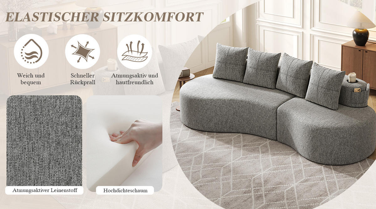 SOFA 240/109/60 cm aus Leinen mit 4 Kissen, Becherhaltern und Seitentaschen Hellgrau - Hellgrau, Textil (109/63/240cm) - Modenvie