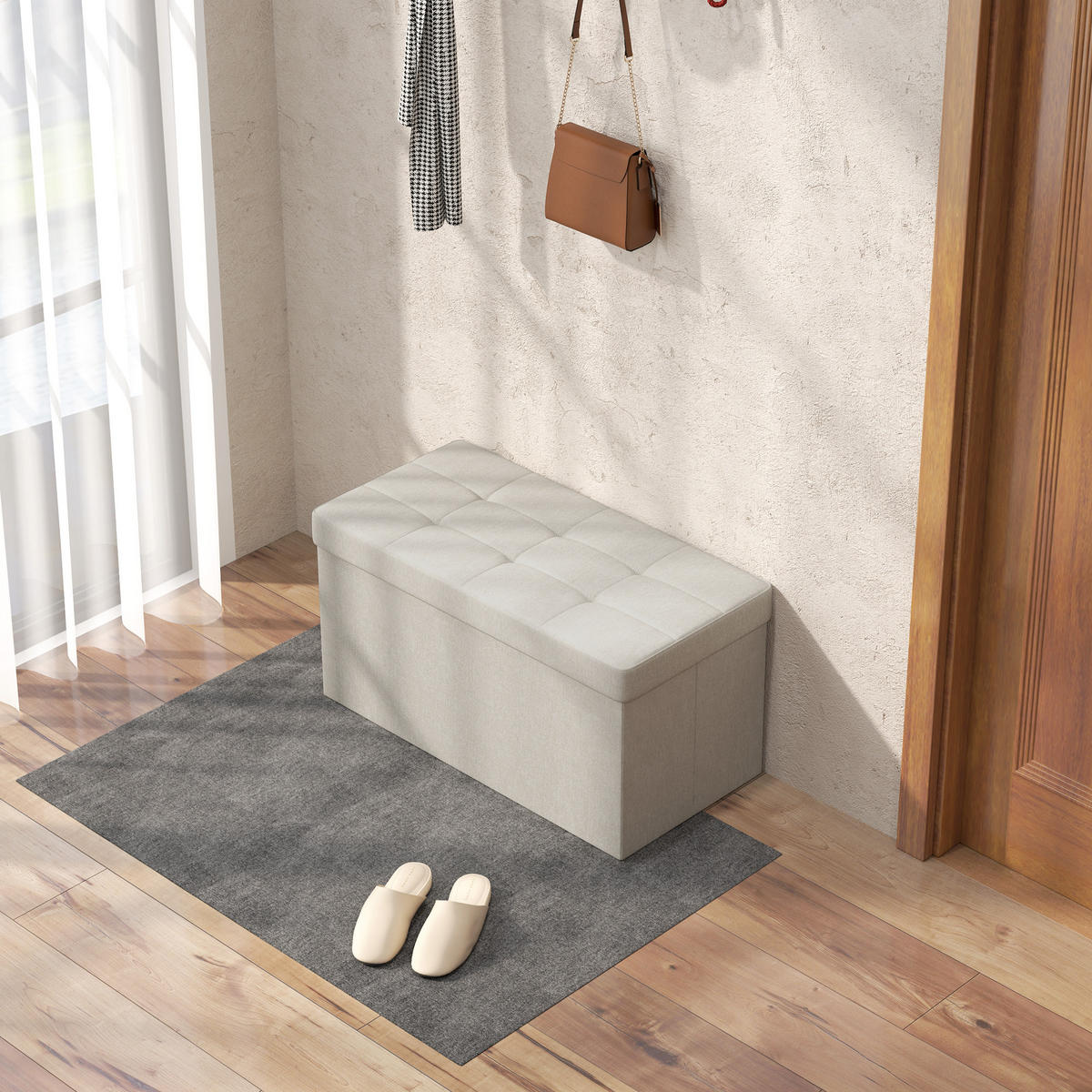 TRUHENBANK DE-16387 klappbar mit Stauraum und Knopfheftung Creme - Creme, Textil (76/38/38cm) - ComfortXL