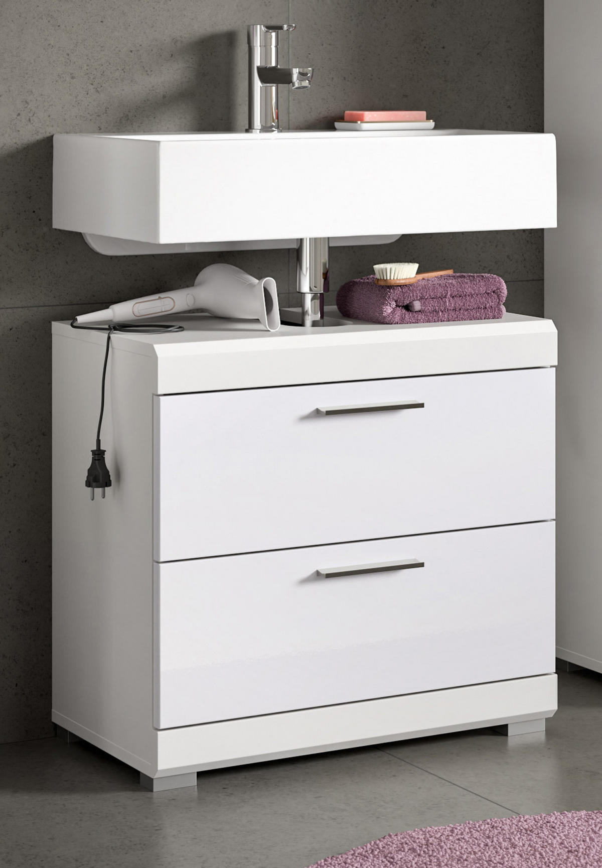 WASCHBECKENUNTERSCHRANK weiß Hochglanz 60 cm mit Schubkästen - Weiß Hochglanz/Silberfarben, Holzwerkstoff/Kunststoff (60/56/37cm) - Inn.Furn