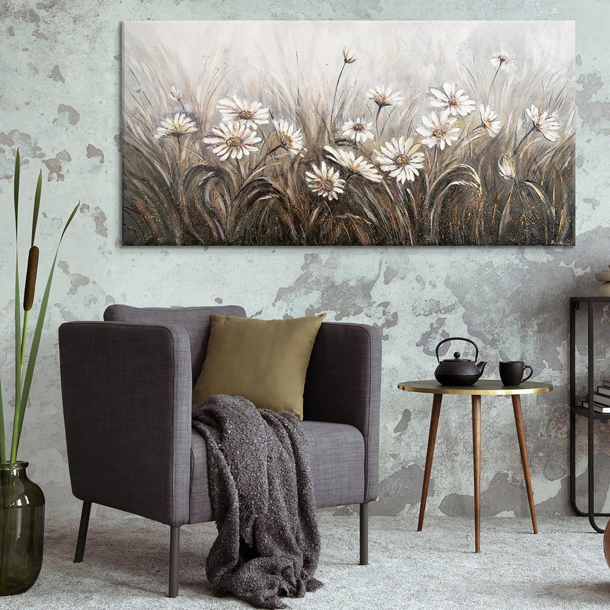 GEMÄLDE Gänseblümchen auf Keilrahmen 140x70 cm - Weiß, Holz (140/70cm) - YS-art gallery