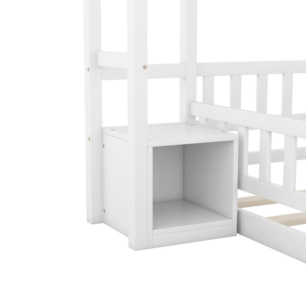KINDERHAUSBETT 140/200 cm Weiß aus Kiefernholz mit Nachttisch und Geländer - Weiß, Holz (140/200cm) - OKMYHOME