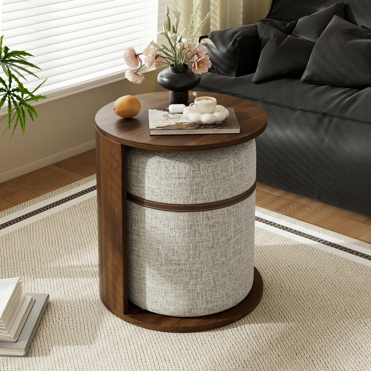 COUCHTISCH SET mit Hocker, rund, MDF mit Stauraum - Walnussfarben, Holzwerkstoff (38/38/47.5cm) - FLIEKS