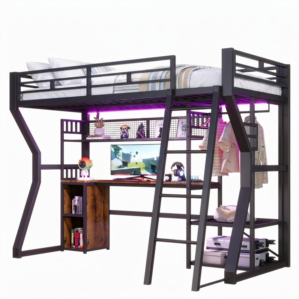 HOCHBETT mit Schreibtisch 90x200 cm Metall MDF Schwarz - Schwarz, Metall (90/200cm) - Meubliv