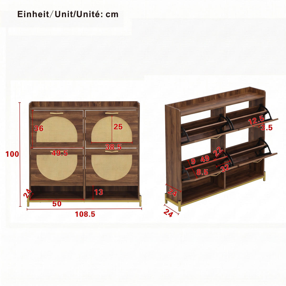 SCHUHSCHRANK Nussbaum 4 Klappen Rattan-Optik & 2 Fächer - Walnussfarben, Holzwerkstoff (108.5/100/24cm) - Urban Meuble