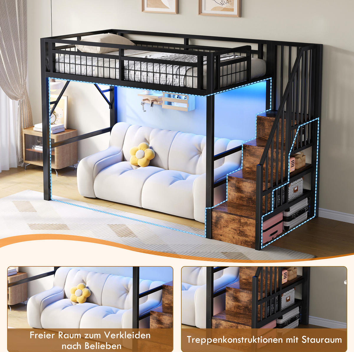 HOCHBETT 90/200 cm aus Metall mit LED-Lichtleiste, Treppe mit Stauraum und Freiraum unter dem Bett, Schwarz - Schwarz, Metall (90/200cm) - Redom