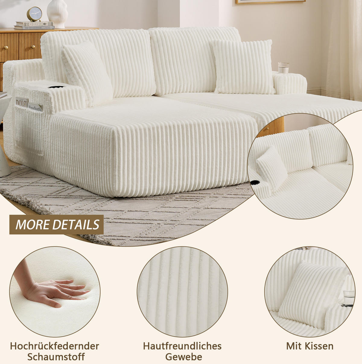 SCHLAFSOFA mit Relaxfunktion, Kordstoff, mit Seitentasche, Getränkehalter und abnehmbaren Kissen, Beige - Beige, Kunststoff (186/78/154cm) - Redom