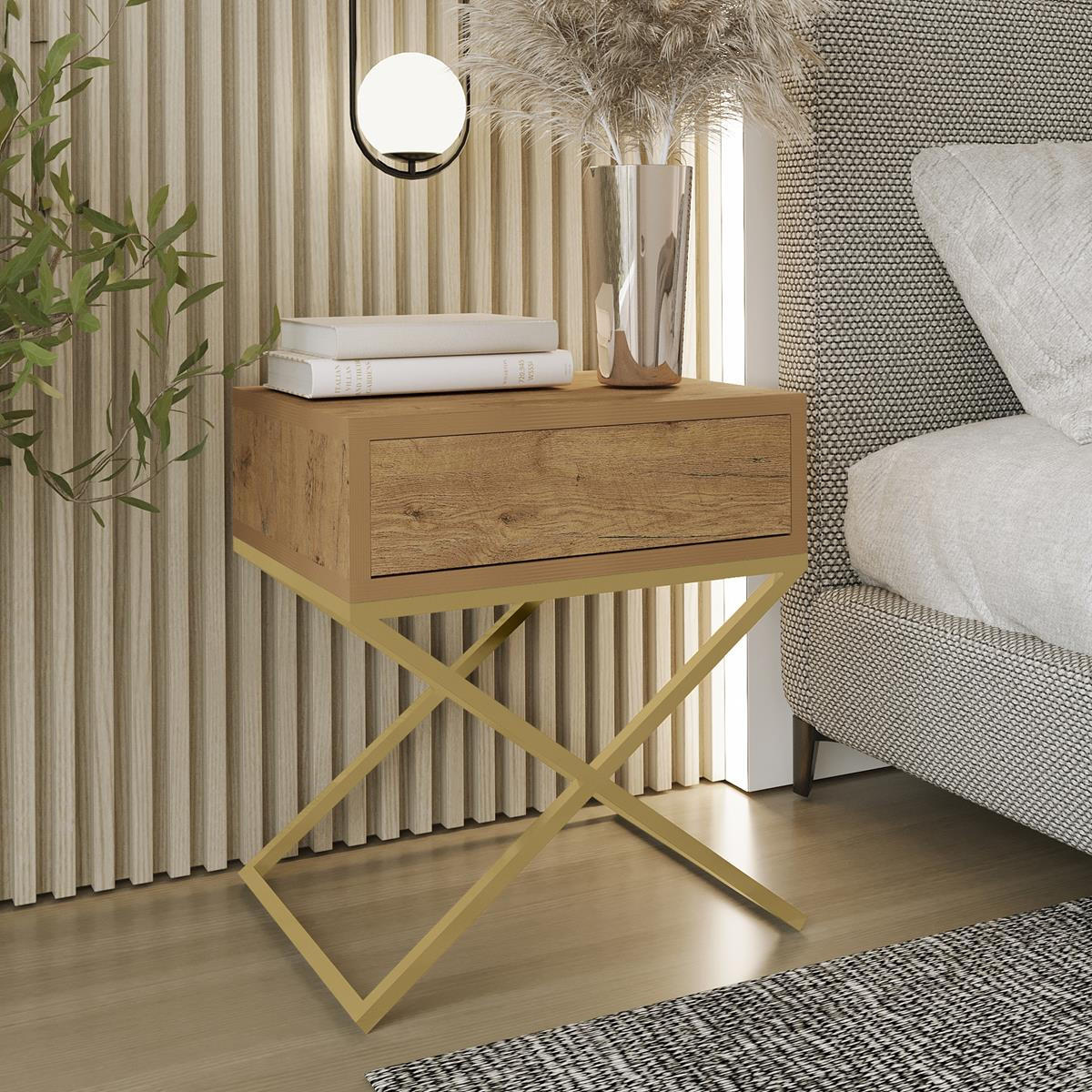 NACHTTISCH Xara Eiche Wotan, Nachtschrank mit goldenem Gestell - Eiche Wotan, Holzwerkstoff (45/50/35cm) - Bettso