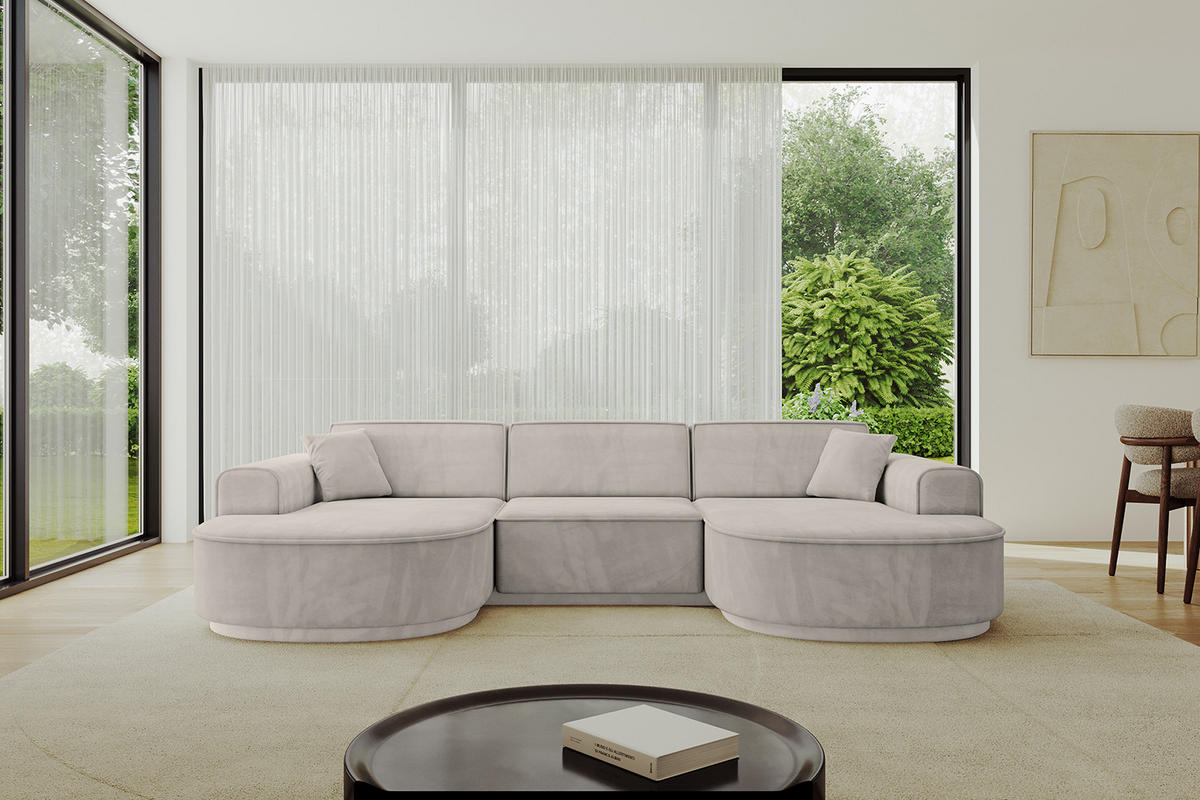 WOHNLANDSCHAFT MARI-U1-v3 - 303x171x83 cm Hellbraun Velours - Hellbraun/Schwarz, Holzwerkstoff/Kunststoff (303/83/171cm) - ALTDECOR
