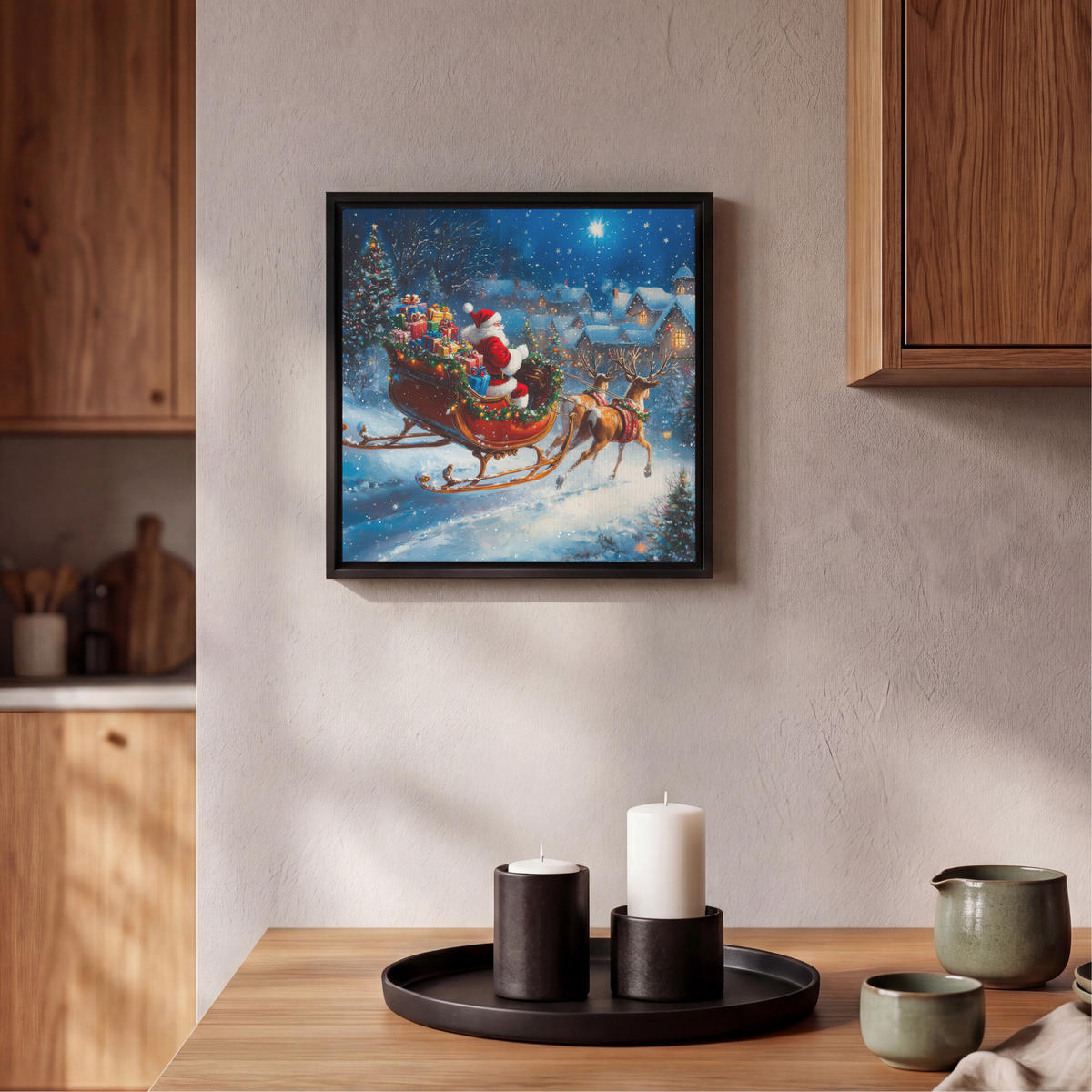 LEINWAND Bilder mit Rahmen - Weihnachtsmann - Rentier - Weihnachten - Schnee - 20x20 - Cognac, Textil (20/20cm) - MuchoWow