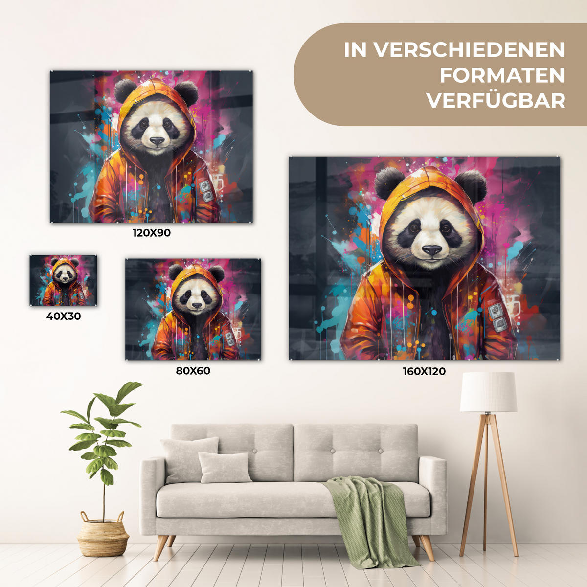 ACRYLGLASBILD Panda - Jacke - Graffiti - Orange 80x60 cm - Orange, Glas (80/60cm) - MuchoWow