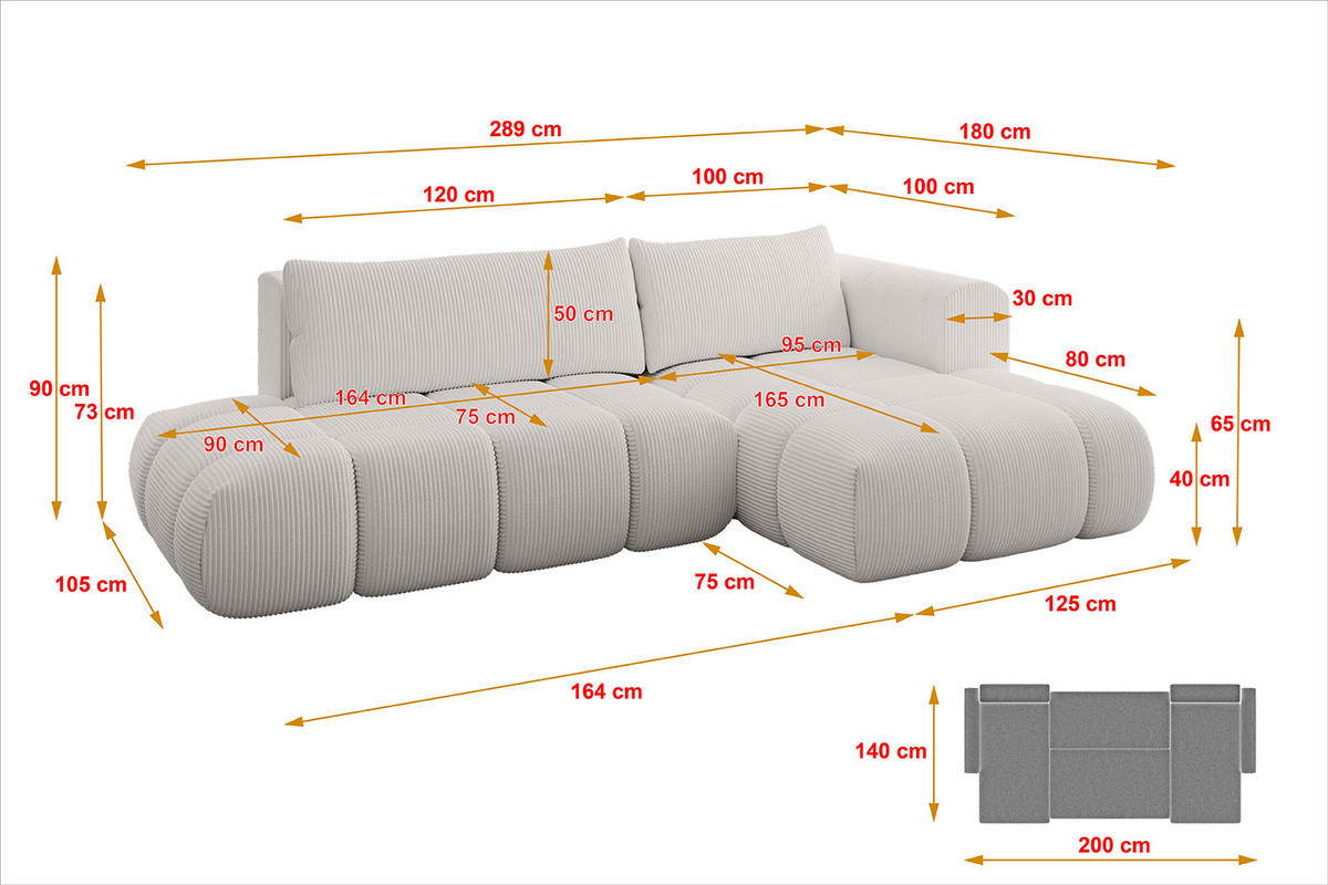 ECKSOFA Ottomane Rechts CLOUD-L 289x180x40 Hellgrau Cord - Hellgrau, Holzwerkstoff/Kunststoff (289/180cm) - ALTDECOR
