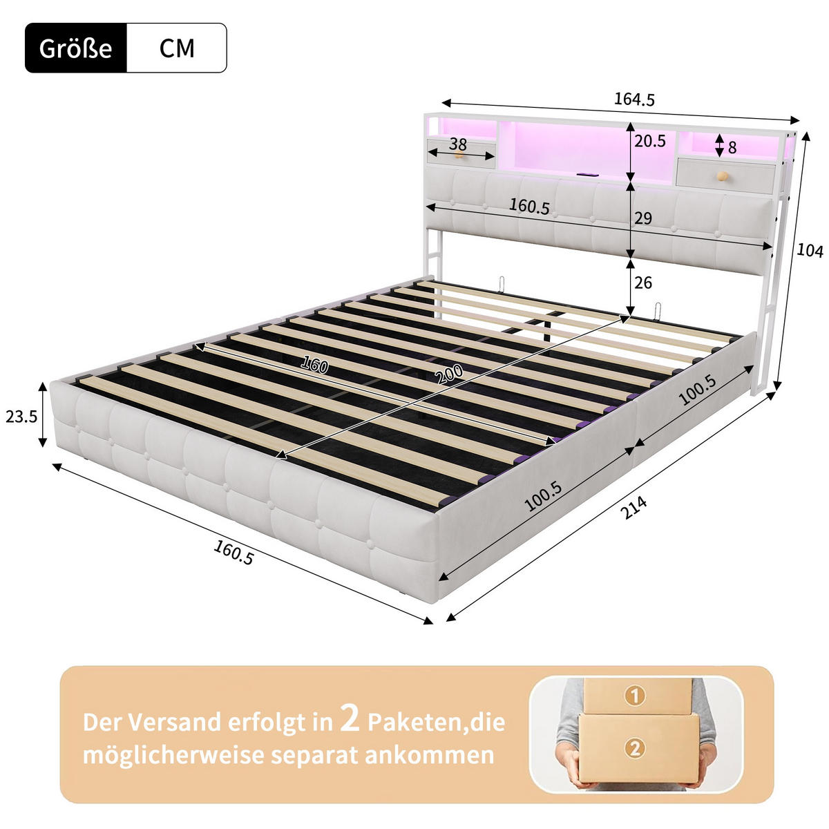 BETT mit hydraulischem Bettkasten, 160/200 cm, mit Samtbezug, LED-Beleuchtung und USB-Anschlüssen, Beige - Beige, Textil/Metall (160/200cm) - Waldena