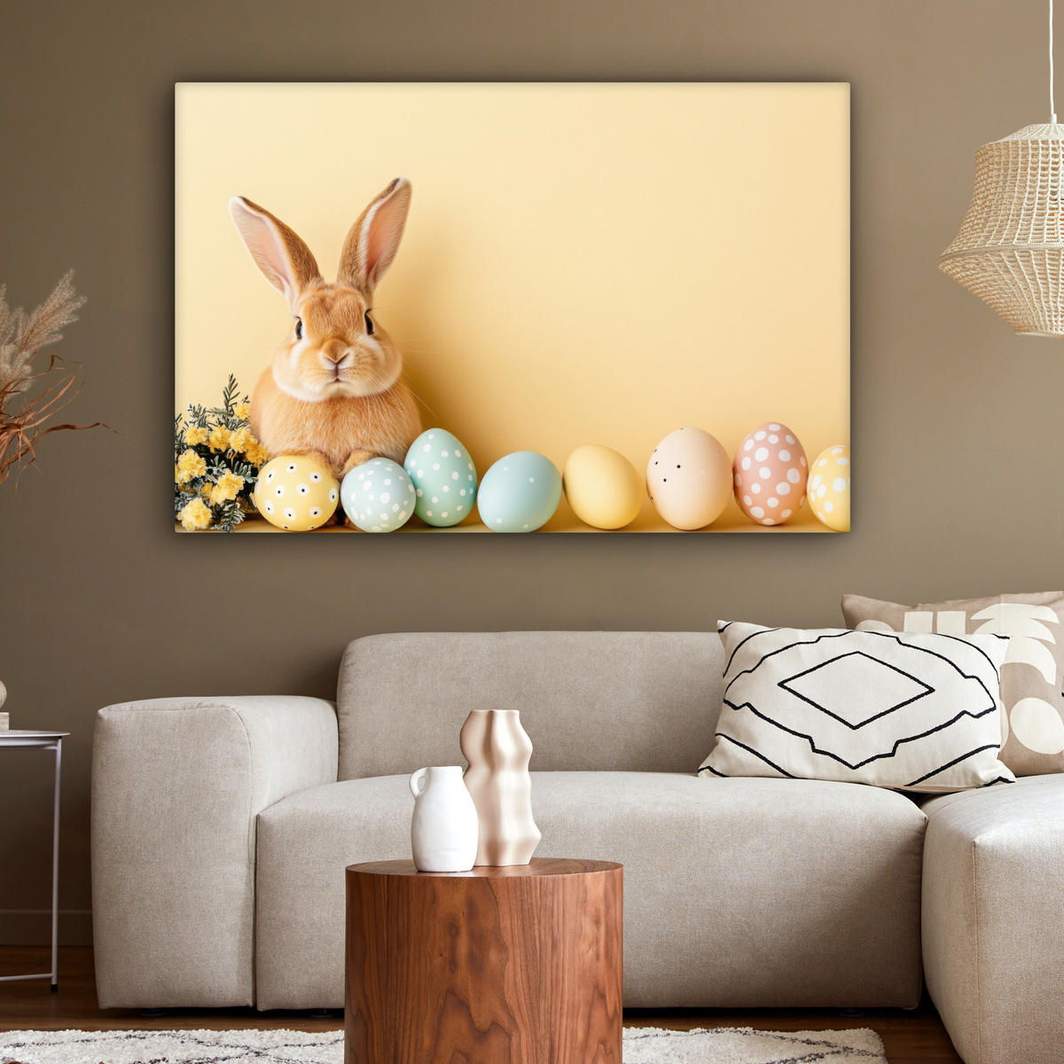 LEINWANDBILD Eier - Kaninchen - Pastellfarbtöne Wohnzimmer Groß 120x80 cm - Hellgelb, Textil (120/80cm) - MuchoWow
