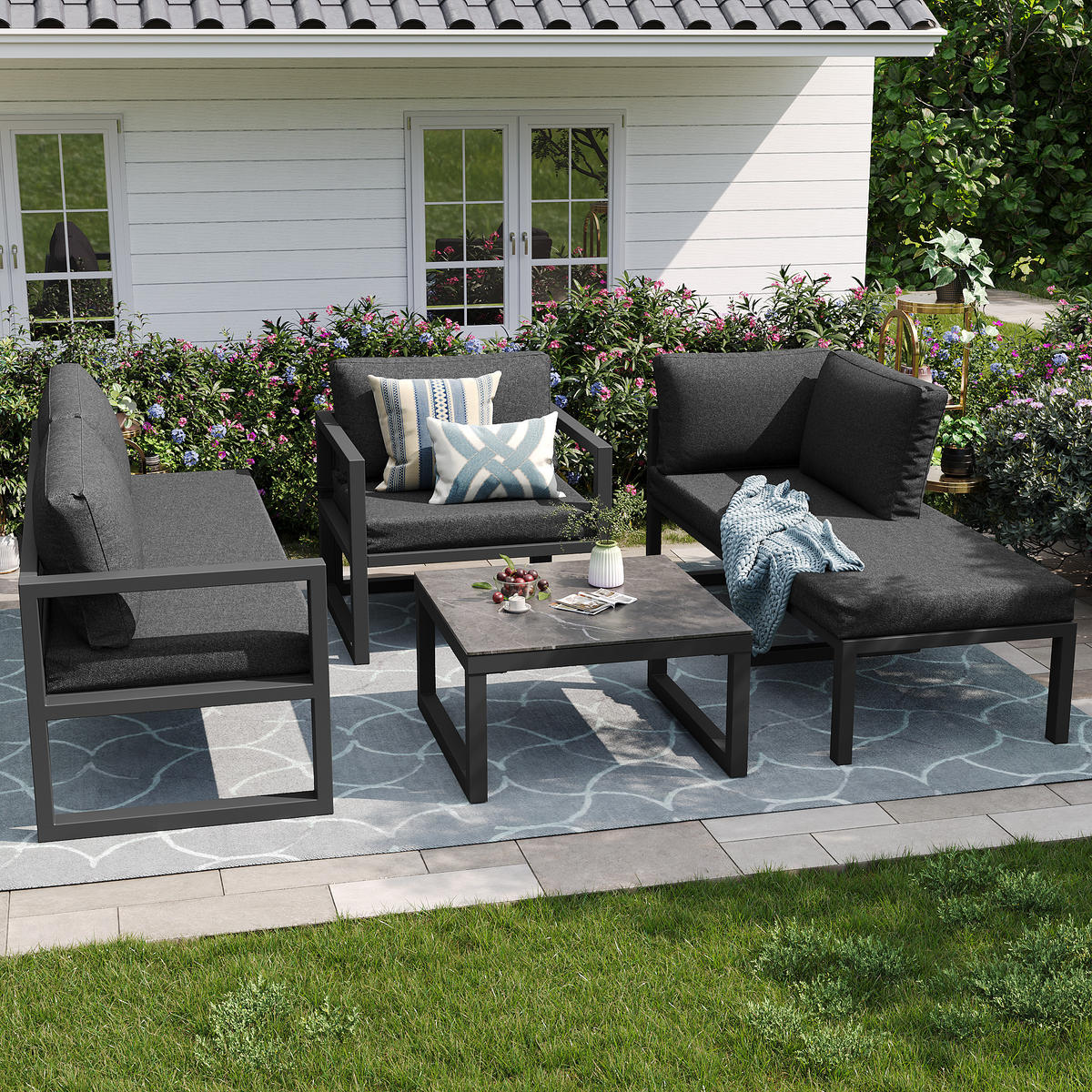 SEIL Gartenmöbel Set Ecksofa mit Eisenrahmen verstellbaren Beinen und Sitz Rückenkissen Grau - Grau, Metall