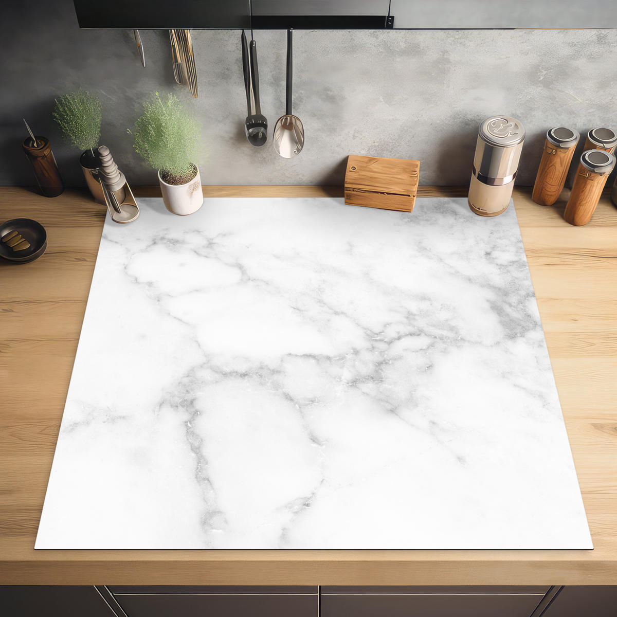HERABDECKPLATTE - Marmor - Grau - Weiß - Strukturierter Marmor - 58x59 - Weiß, Kunststoff (58/59/0.2cm) - MuchoWow
