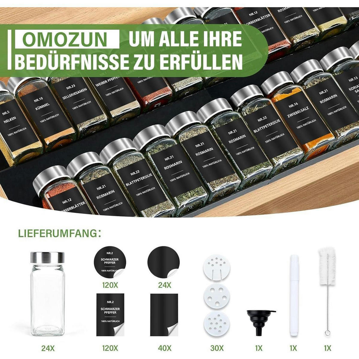 GEWÜRZGLÄSER Set 24 Stück 120ml Eckig mit Streueinsatz und Etiketten - Multicolor, Glas (3.8/10.5/4.4cm)