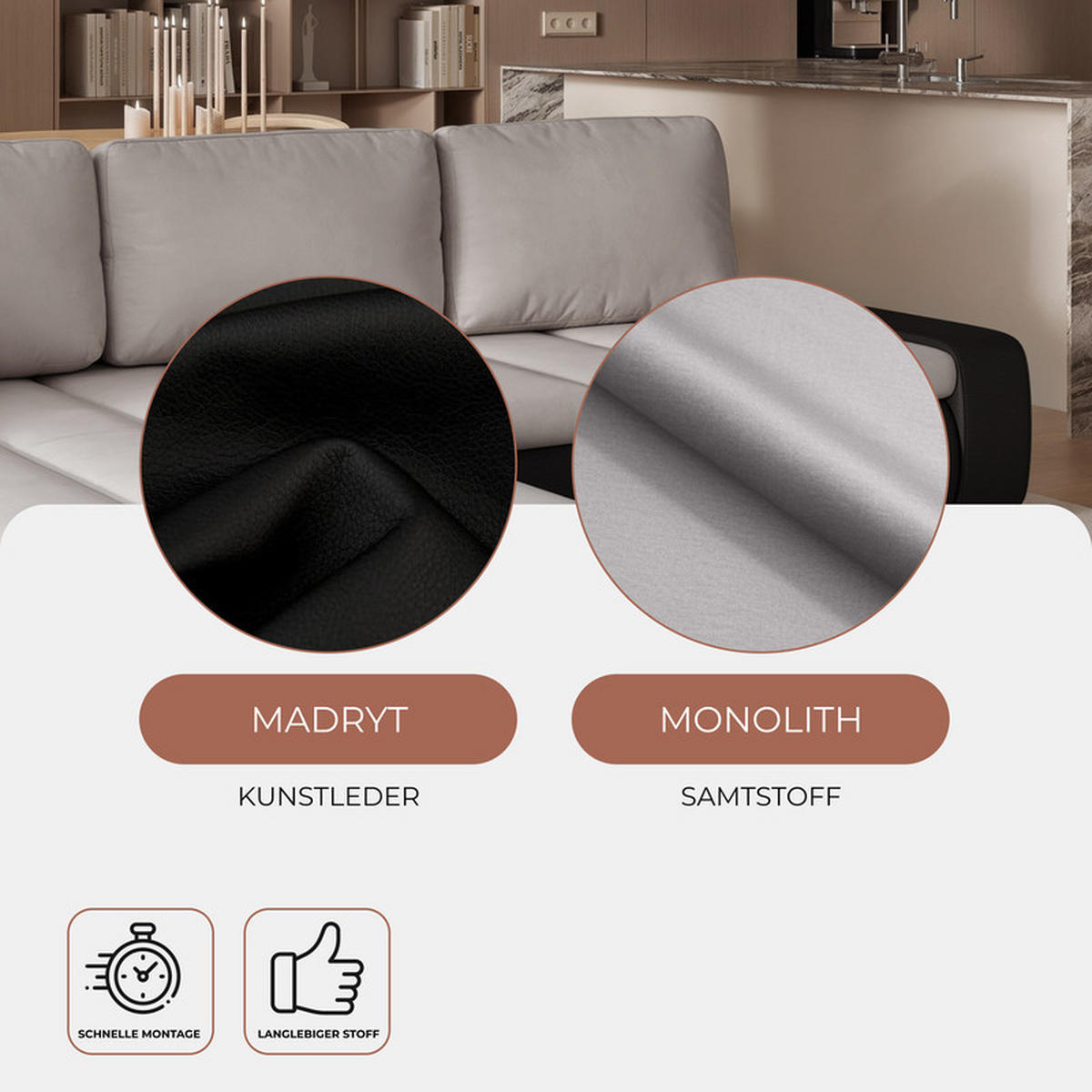 ECKSOFA VELANO mit Schlaffunktion und Bettkasten Schwarz/Hellgrau - Hellgrau, Holzwerkstoff/Kunststoff (250/90cm) - Idohome