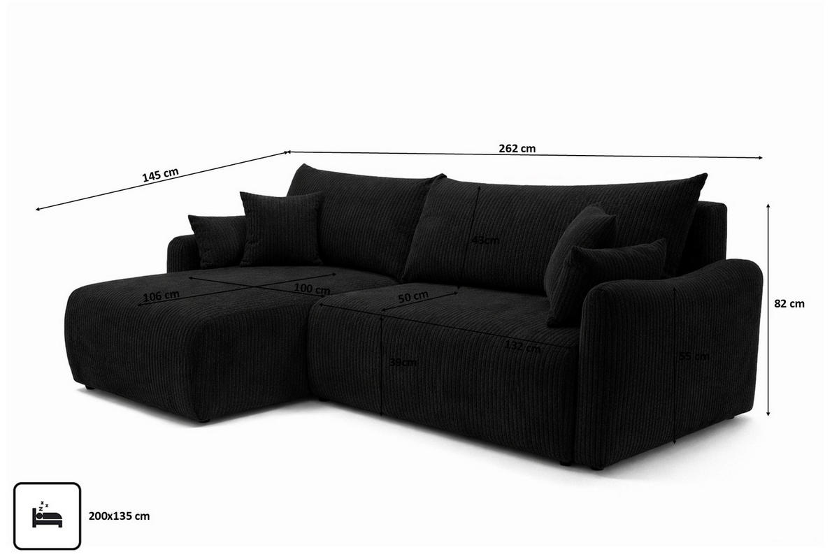 ECKSOFA Mit Schlaffunktion, Cordstoff Poso, Schwarz, Links, JAPANDI - Schwarz, Holz (262/145cm) - Kaiser Möbel