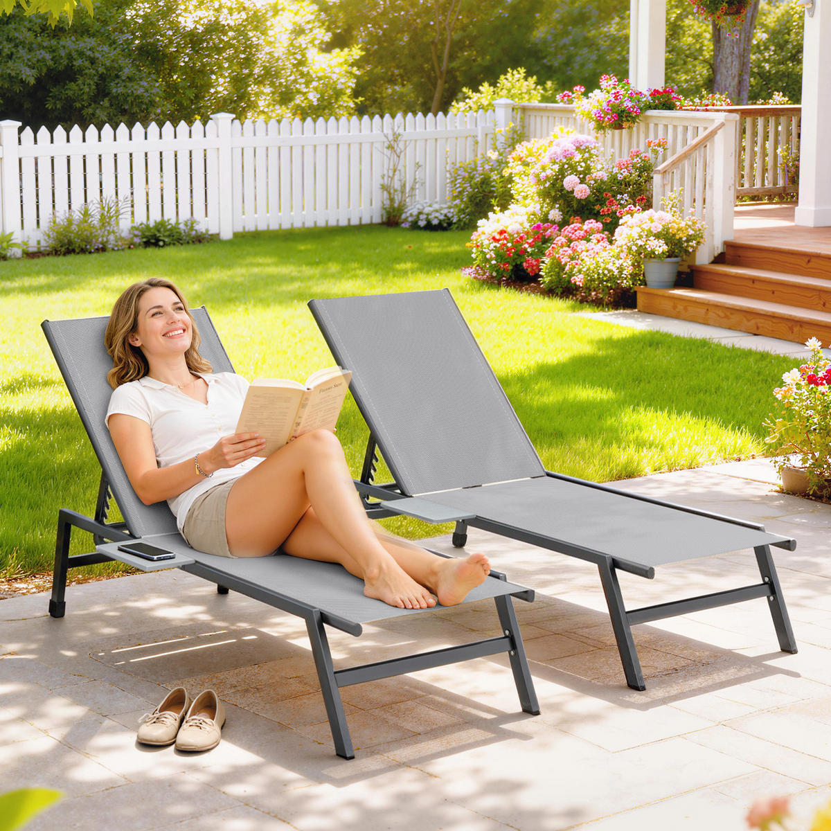 SONNENLIEGE DE-07710 2er-Set, 5-fach verstellbar, mit Seitentisch, Rollen Grau - Grau, Metall (74/35/190cm) - ComfortXL