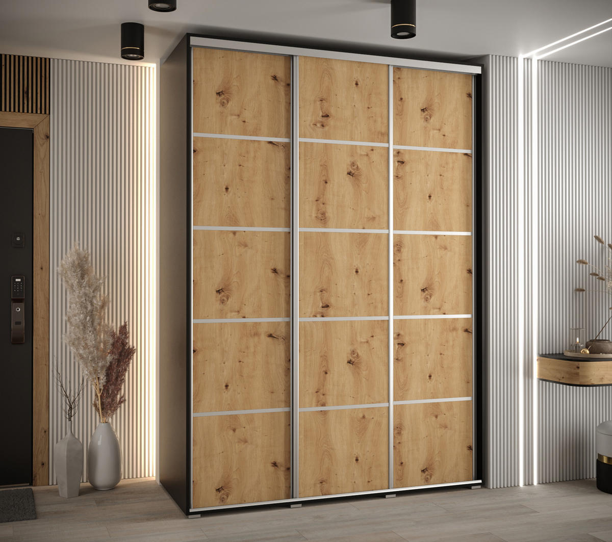 SCHWEBETÜRENSCHRANK 235,2/180/60 3-türig - Silberfarben/Schwarz, Holz/Metall (180/235/60cm) - Abiks Möbel