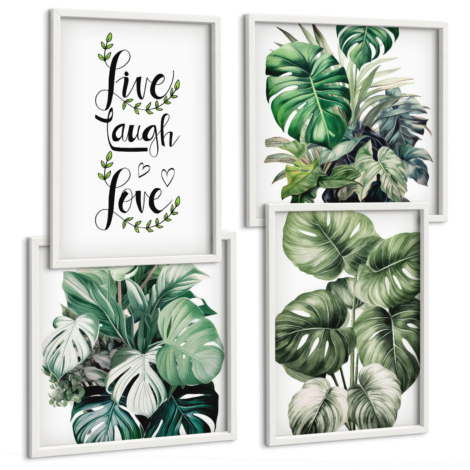 BILDER SET 4er Set - 50x50 cm & 40x60 cm Weißer Rahmen - Blattpflanzen leben, lachen, lieben - Weiß, Kunststoff (50/50cm) - TULUP