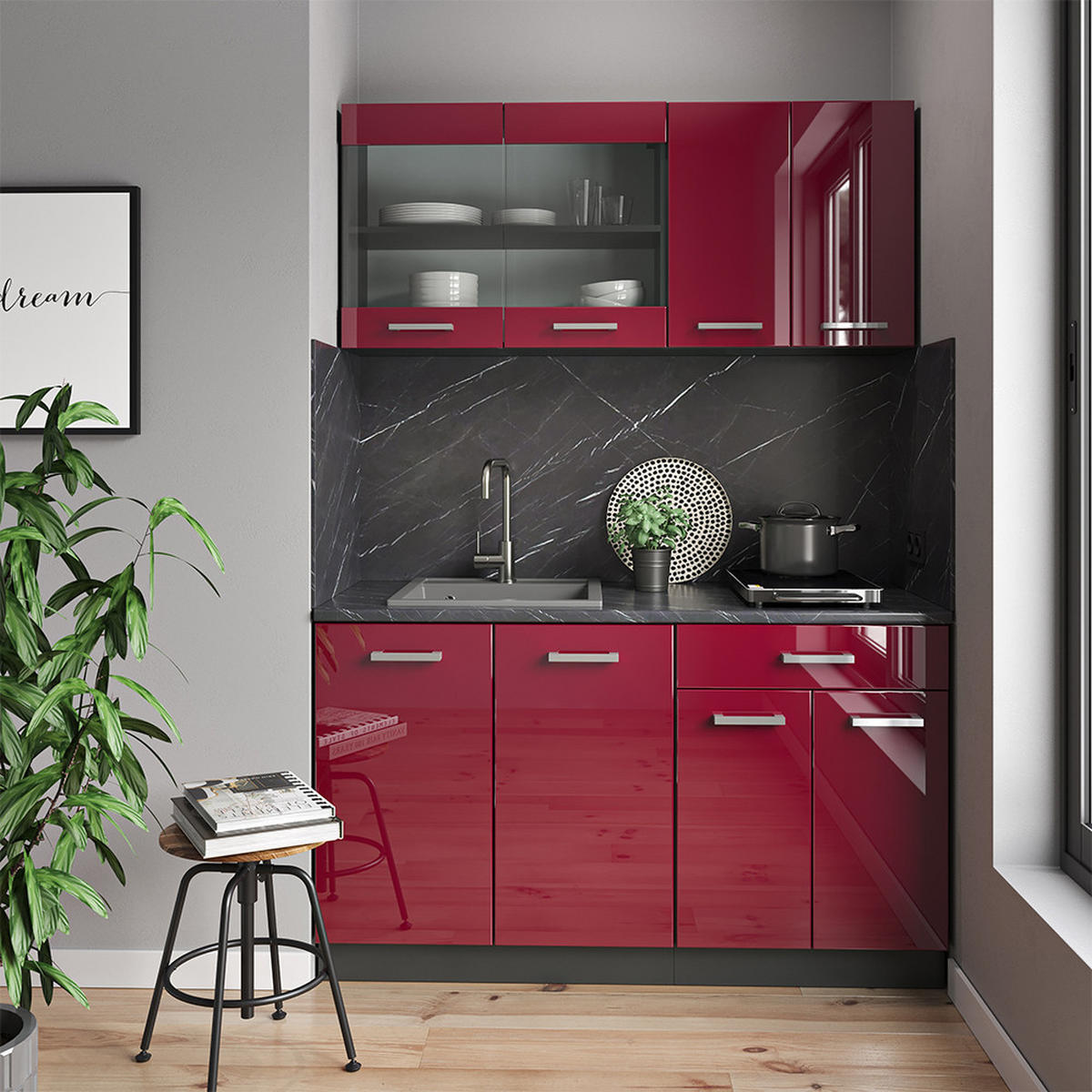 KÜCHENZEILE R-Line Rot Hochglanz/Anthrazit 140 cm , AP Eiche - Anthrazit/Rot, Holzwerkstoff (140/81.6/60cm) - Vicco