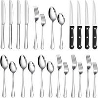 BESTECKSET 24-teilig Edelstahl für 4 Personen mit Steakmessern - Silberfarben, Metall