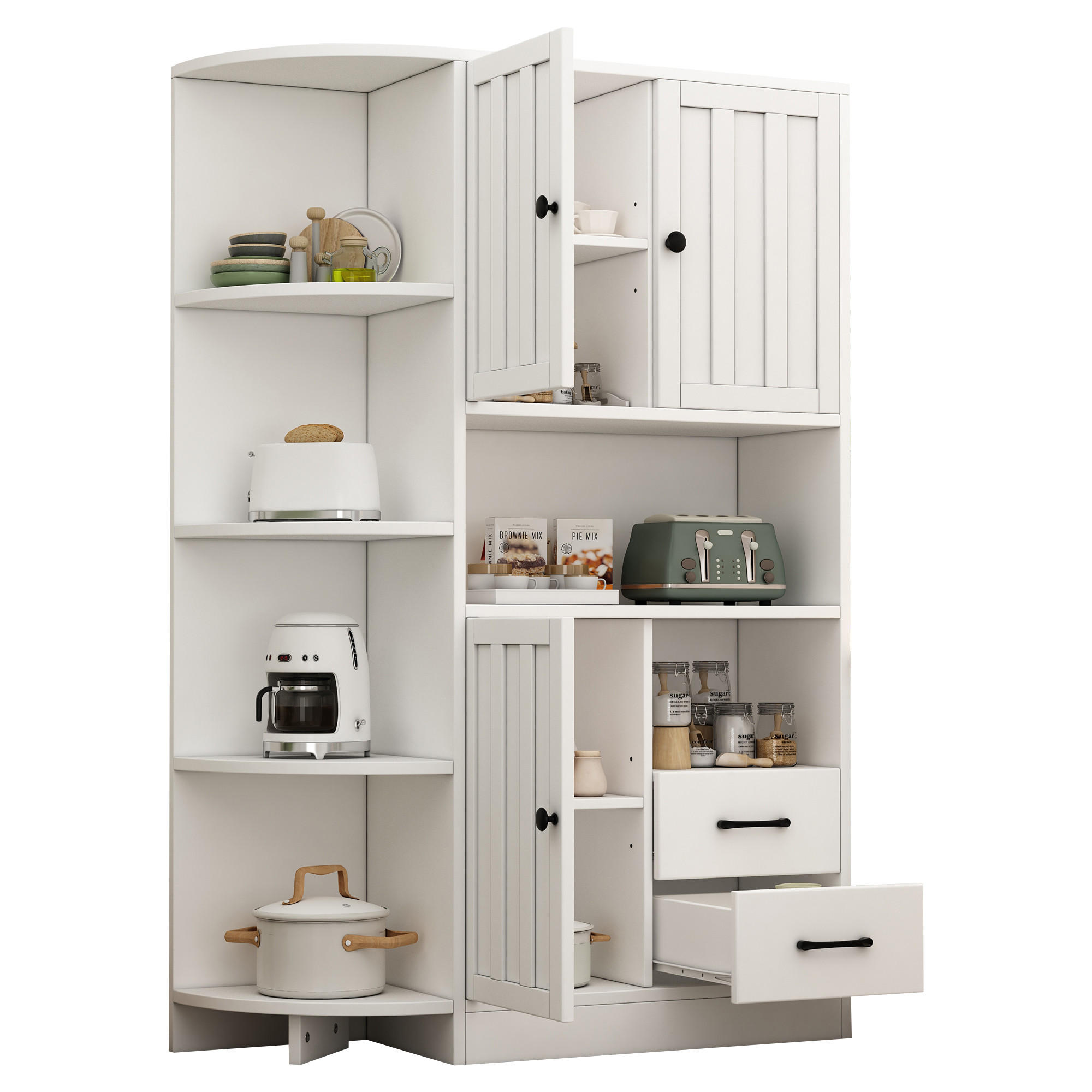 ECKSCHRANK 104/35/155 cm, 3 Schränke + 2 Schubladen, 6 offene Fächer, verstellbare Einlegeböden, Weiß - Weiß, Holzwerkstoff (104/155/35cm) - Redom