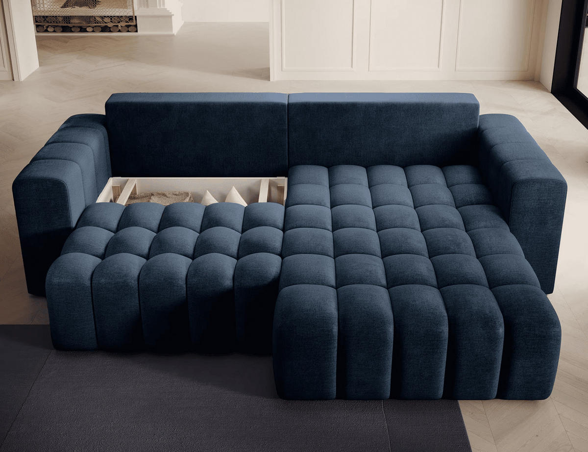 ECKSOFA mit Schlaffunktion und Bettkasten, Velours-Stoff - Schwarz/Dunkelblau, Textil (175/250cm) - Eltap